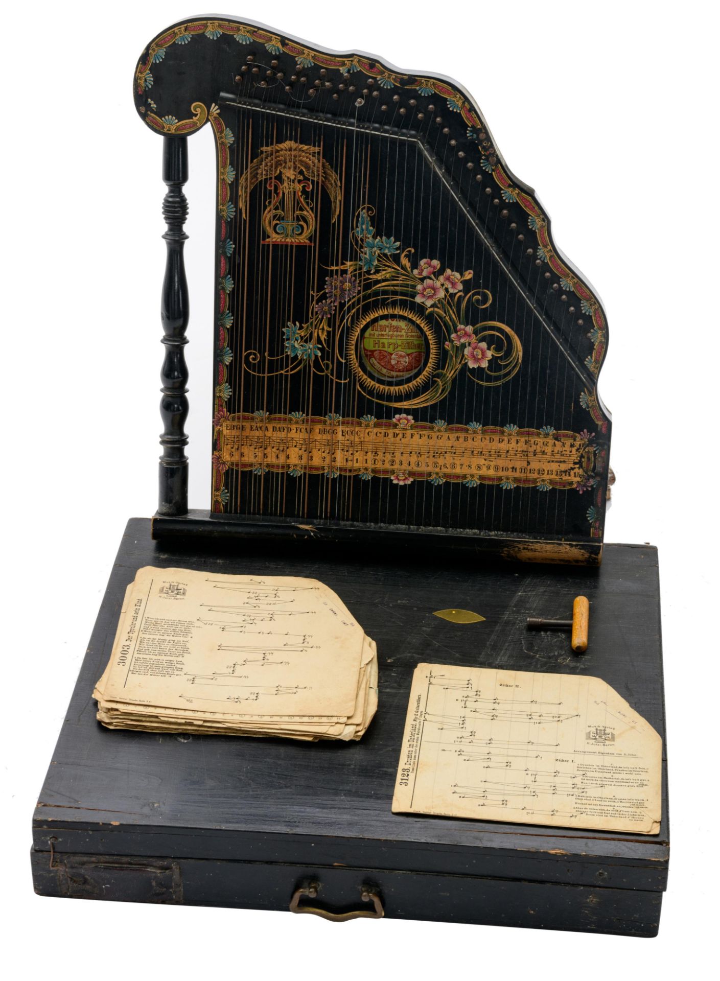 A belle ‚poque ebonised German 'harp-zither', decorated with a hand-painted eagle and Art Nouveau fl - Image 2 of 10