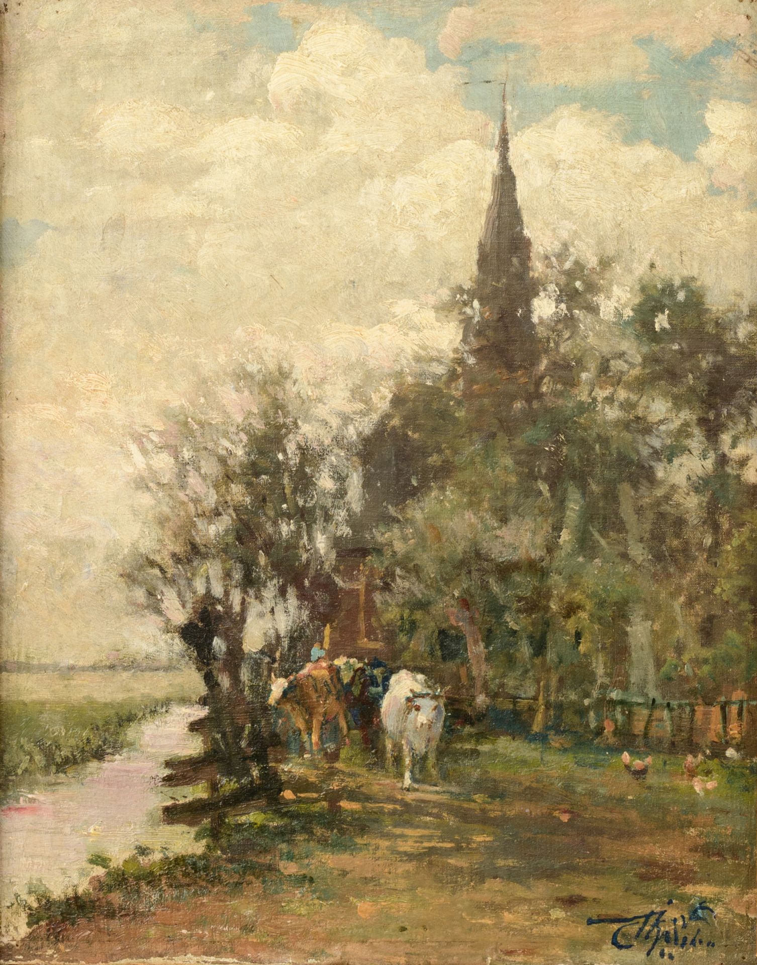 Indistinctly signed, cows near the stream at the village church, 19thC, oil on canvas on panel, 31 x