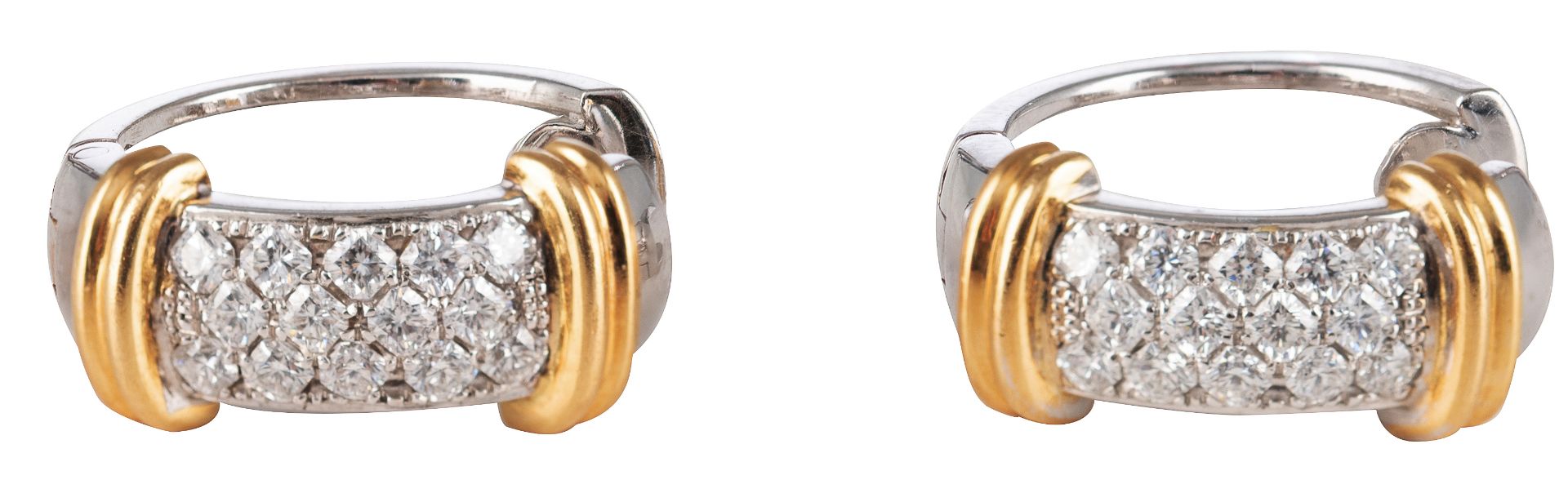 A pair of 18ct white and yellow gold stud earrings set with 14 brilliant-cut diamonds each, the tota