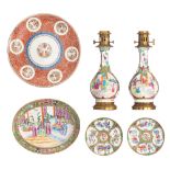 Three Chinese Canton famille rose dishes and two ditto bottle vases with gilt bronze mounts, the pan