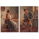 Rau E., two pendant paintings, depicting a young Bavarian couple: the girl busy knitting, while her