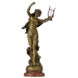 Moreau M., a beauty with a lyre, 'Hors Concours', with a 'M‚daille d'Honneur' mark, patinated bronze