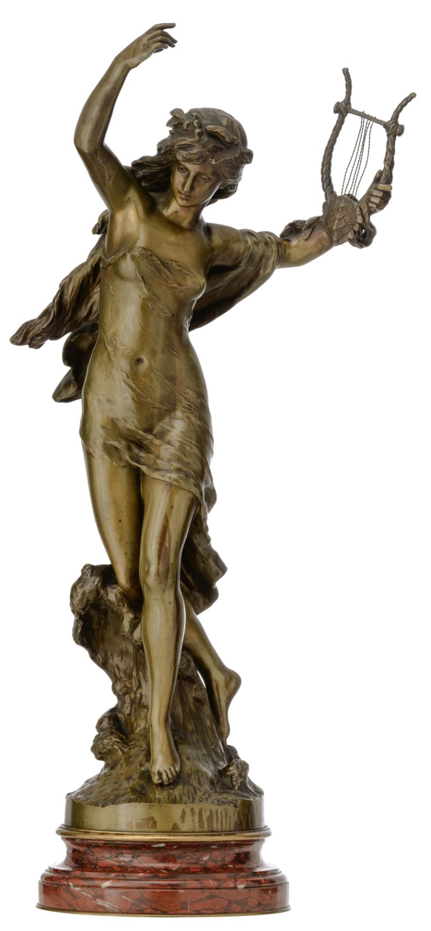 Moreau M., a beauty with a lyre, 'Hors Concours', with a 'M‚daille d'Honneur' mark, patinated bronze