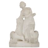 No visible signature, shepherdess with her sheep, Carrara marble, H 57 cm