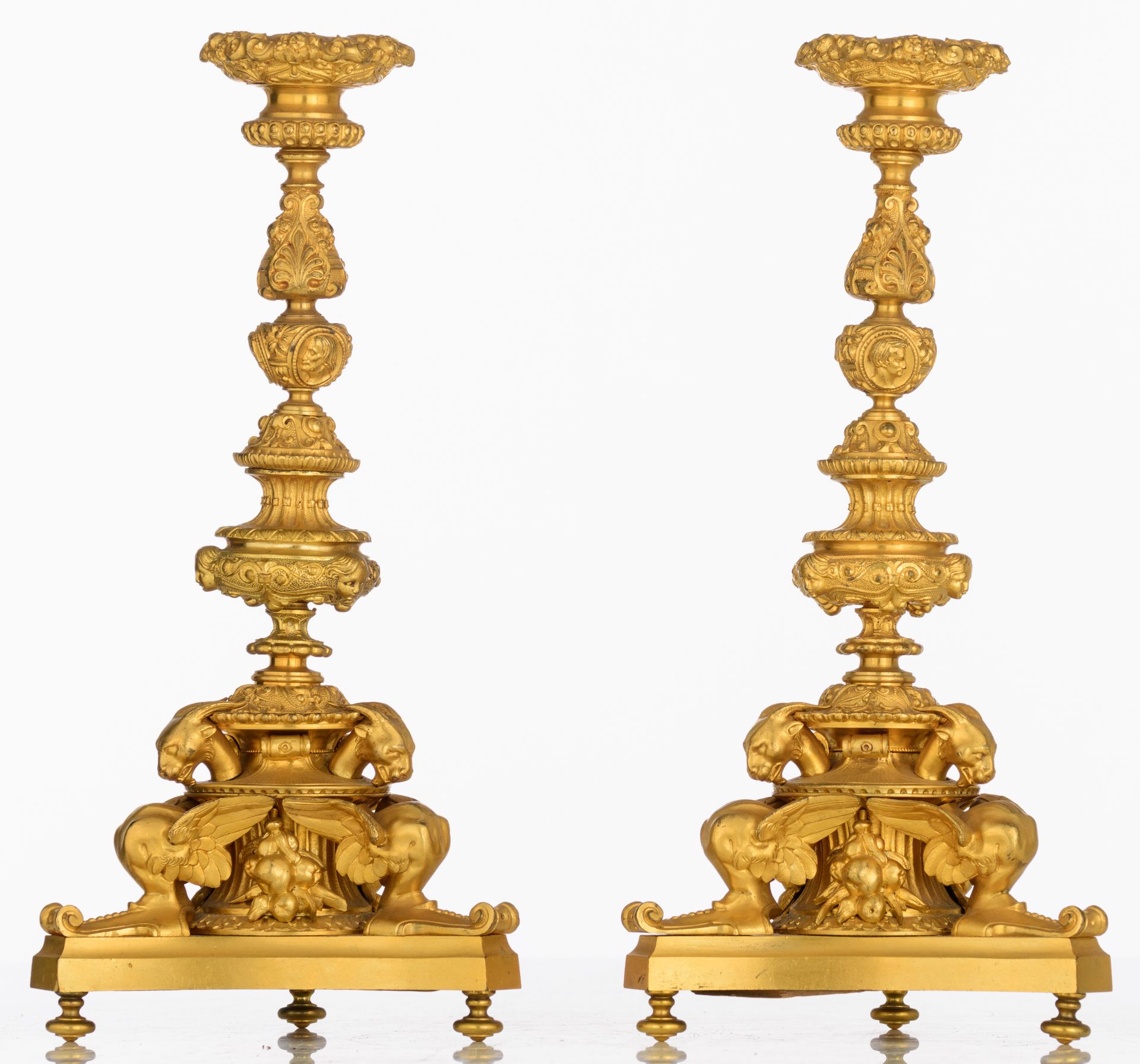 A pair of gilt bronze Louis XIV style andirons with dragons on top, H 20 cm. Added a pair of gilt br - Image 9 of 11