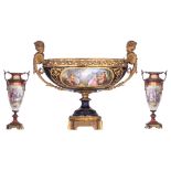 A large bleu royale ground SŠvres coupe with fine gilt bronze mounts and sphinx-shaped handles, the