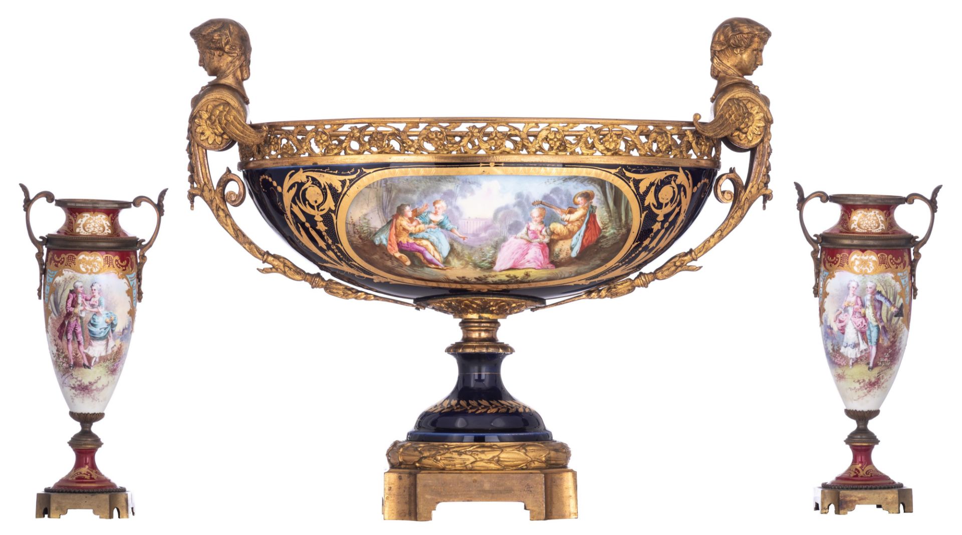 A large bleu royale ground SŠvres coupe with fine gilt bronze mounts and sphinx-shaped handles, the