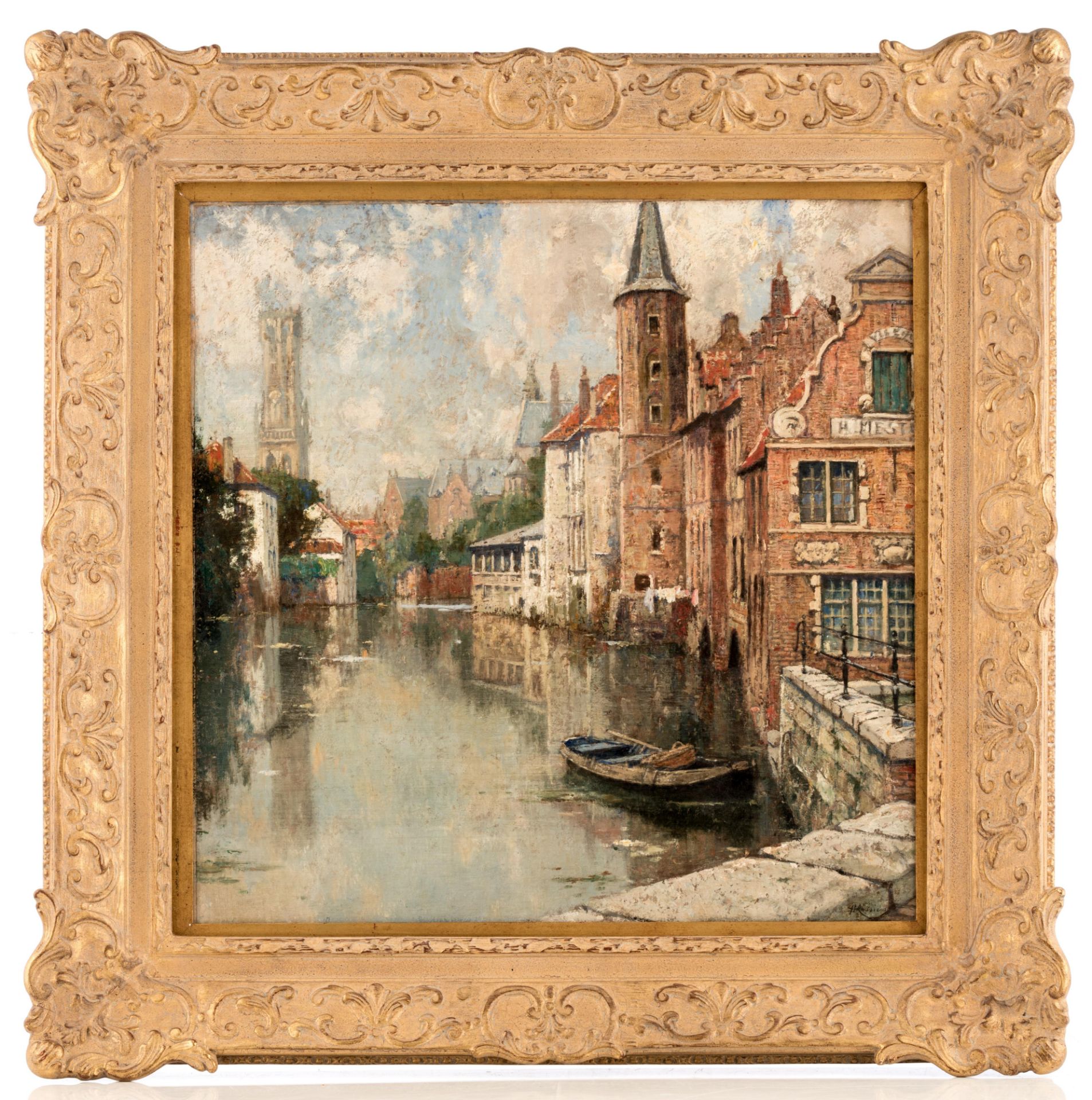 Indistinctly signed (T. Haddessier...?), a view on the Quay of the Rosary in Bruges, oil on cardboar - Image 2 of 6