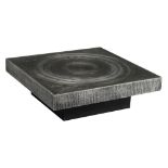 An etched metal '70s design coffee table in the manner of Marc D'Haenens, footed on a black painted