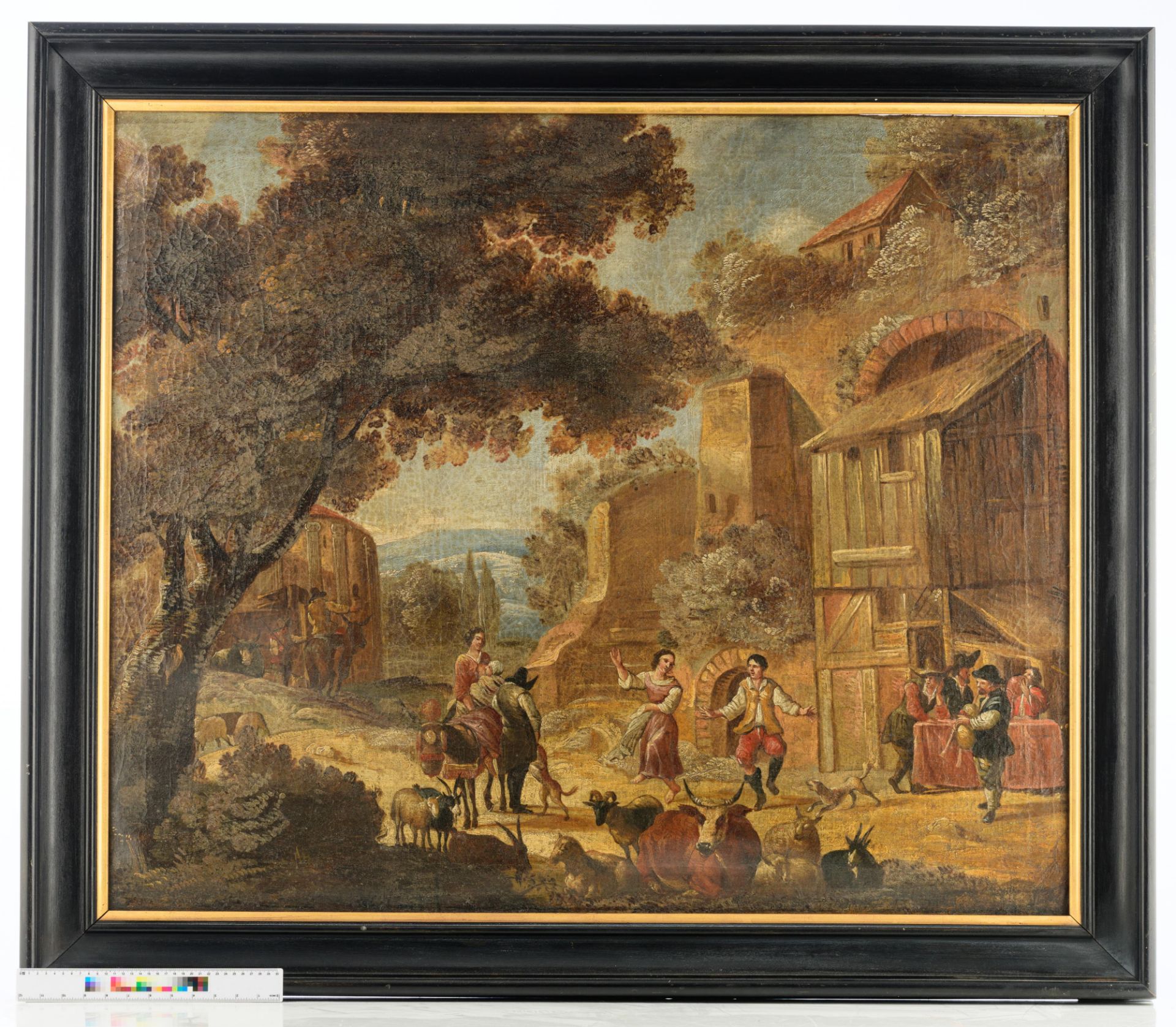 No visible signature, dancing shepherds before an inn, 17thC, oil on canvas, 96 x 115 cm - Bild 4 aus 8