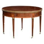 A fine mahogany veneered Louis XVI demi-lune triple tabletop fold-over table, decorated with brass a
