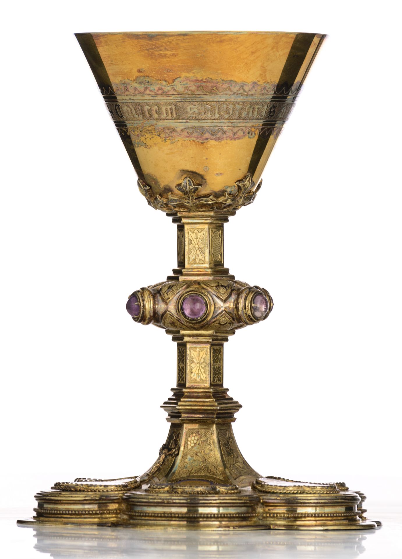 A six-lobed silver, gilt silver and partly blue enamelled Gothic Revival chalice set with cabochon-c - Image 4 of 20