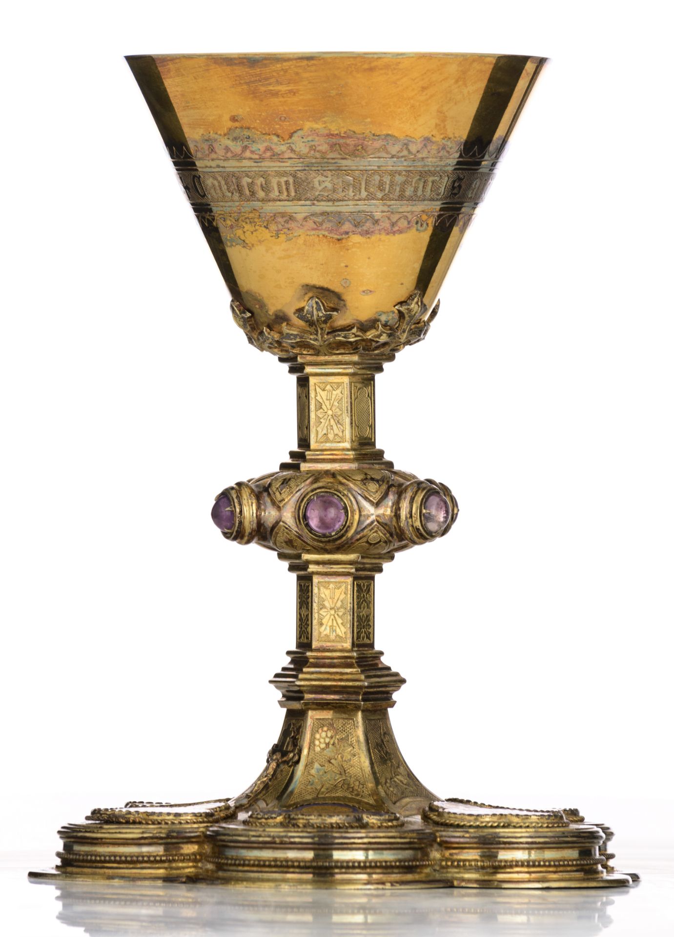 A six-lobed silver, gilt silver and partly blue enamelled Gothic Revival chalice set with cabochon-c - Bild 4 aus 20