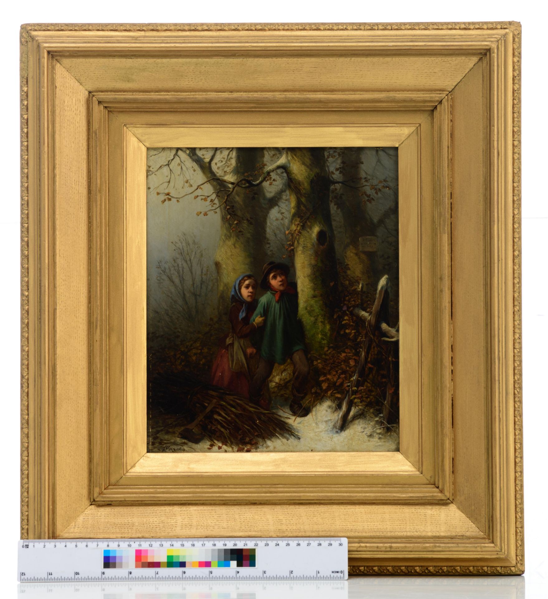 Mar”hn F., poor children gathering wood in winter, oil on panel, 25 x 31 cm - Bild 3 aus 7