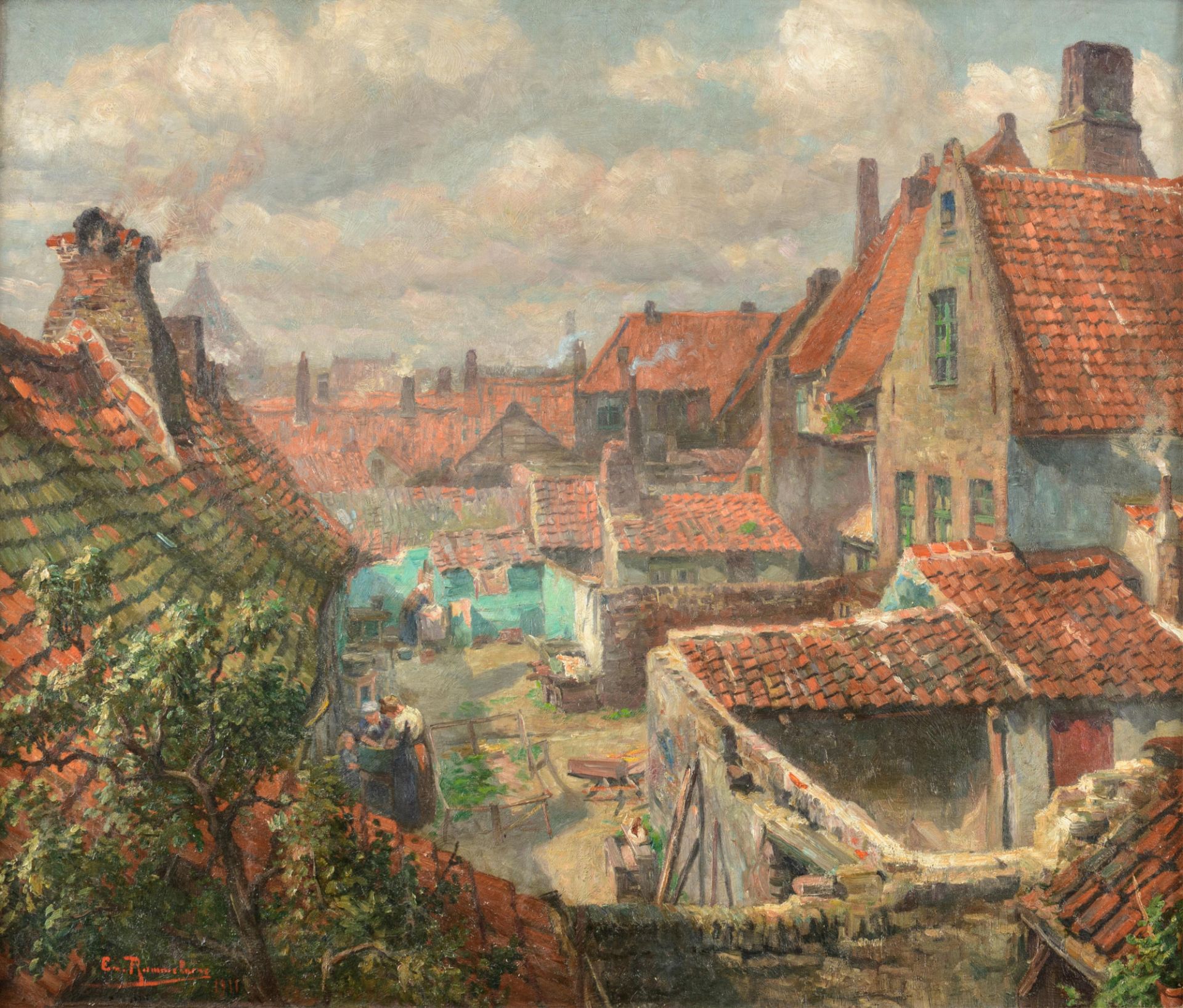 Rommelaere E., a panoramic view on the city, dated 1911, oil on canvas, 90 x 105 cm