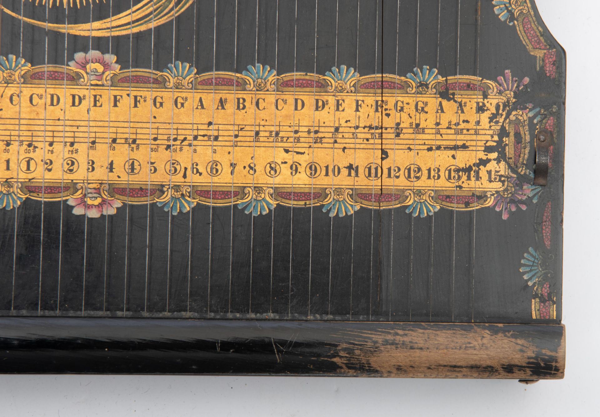 A belle ‚poque ebonised German 'harp-zither', decorated with a hand-painted eagle and Art Nouveau fl - Image 9 of 10