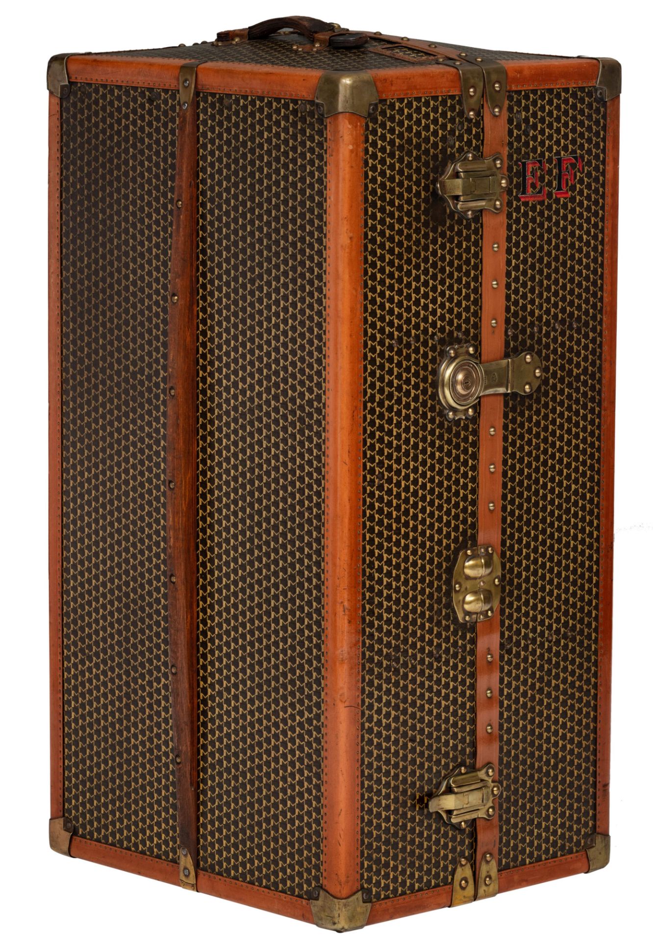 An exceptional 1920s Moynat leather travelling trunk with brass mounts, decorated with the hand-pain