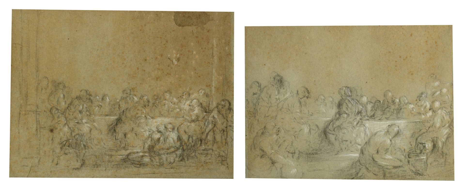 No visible signature, two drawing studies depicting scenes of the last supper, black chalk on Veneti