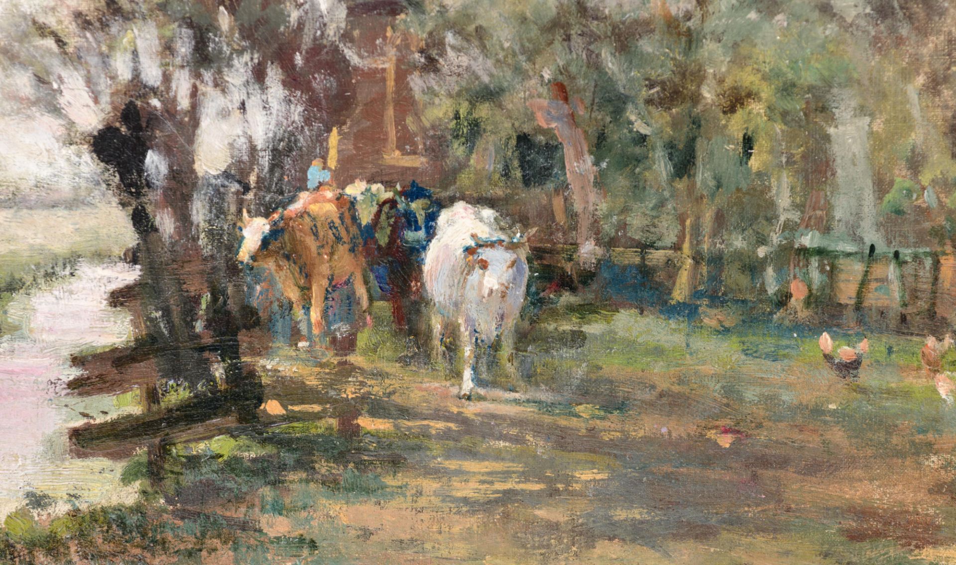 Indistinctly signed, cows near the stream at the village church, 19thC, oil on canvas on panel, 31 x - Bild 5 aus 6