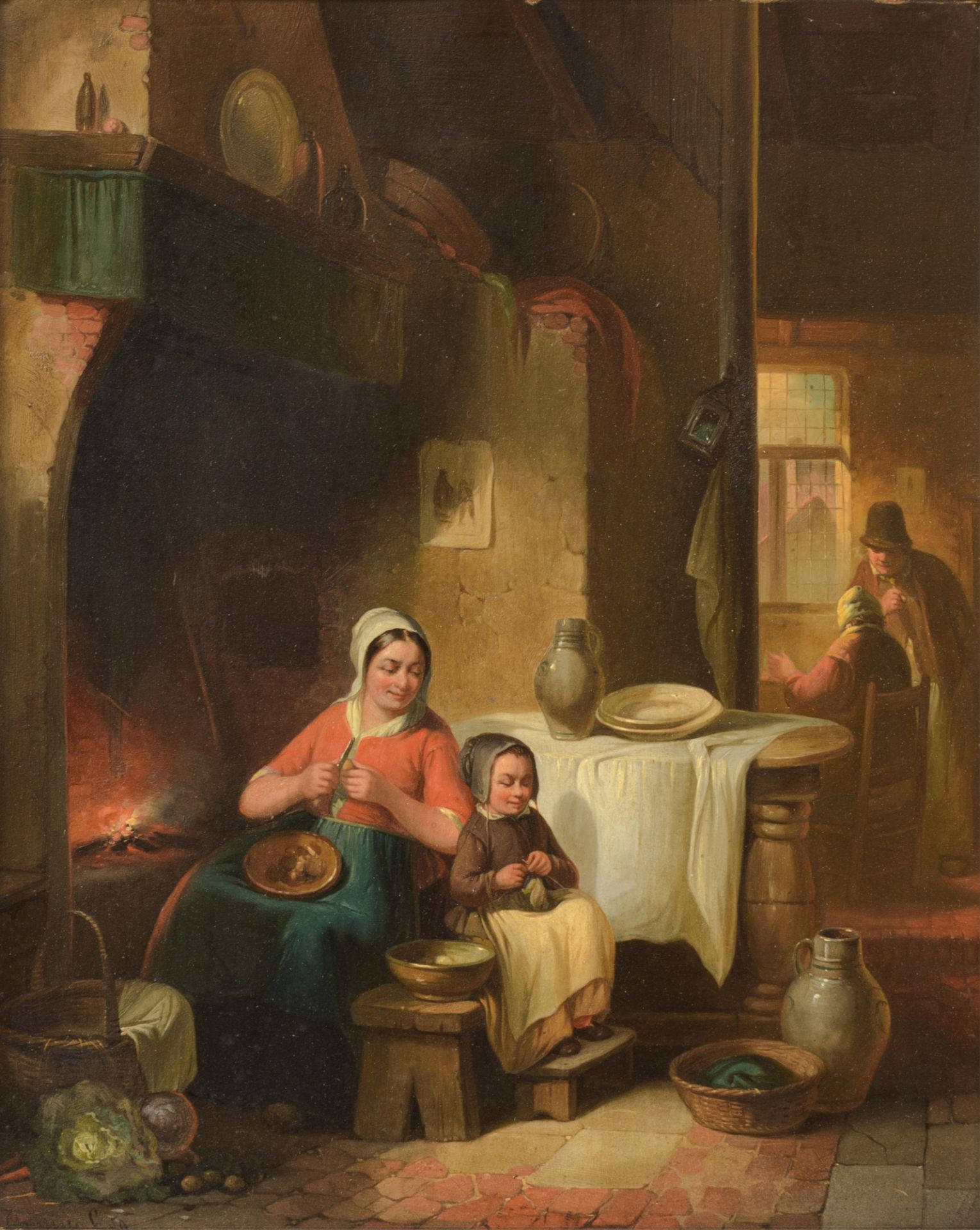 Cantinola, a pair of pendant paintings with genre scenes, one depicting a mother peeling potatoes, t - Image 5 of 16