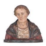 An exceptional Italian Renaissance bust of a young man, polychrome painted limewood, 16thC, H 39,5 -