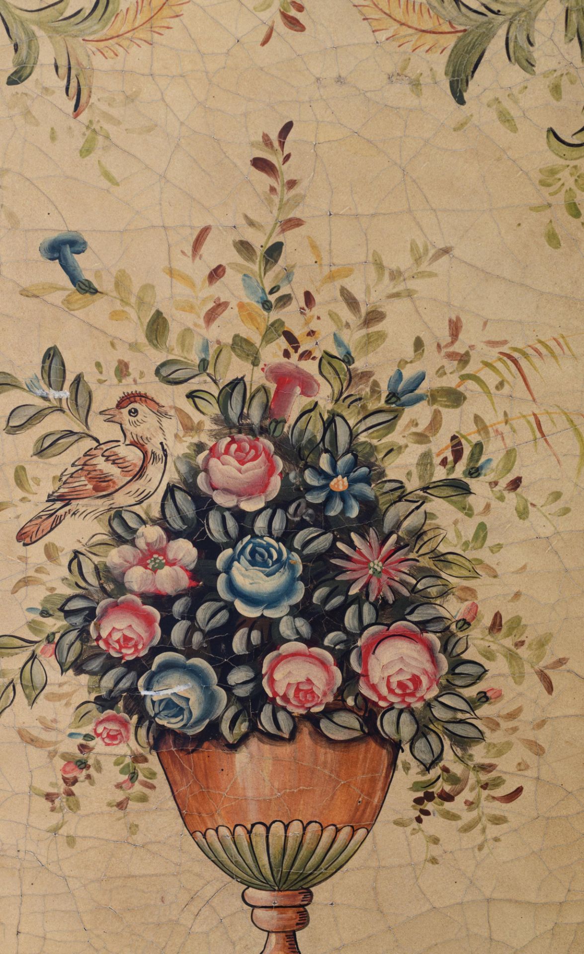 A four-panel screen, decorated with Rococo inspired abundant flower vases and birds, hand-painted on - Image 3 of 5