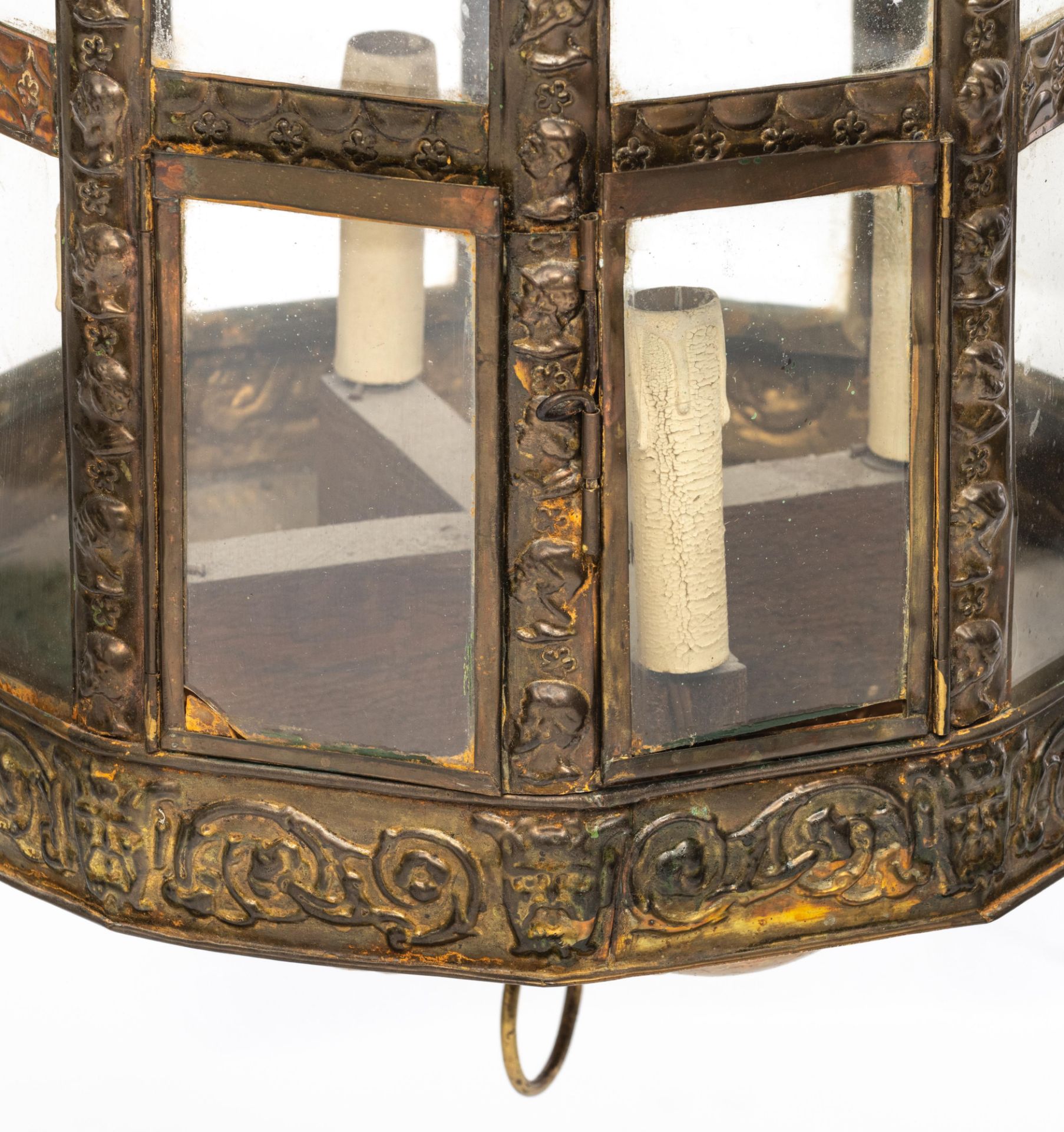 A Low-Countries brass lantern in a 17thC manner (possibly of the period or 19thC), H all-in 88 cm, , - Image 4 of 9