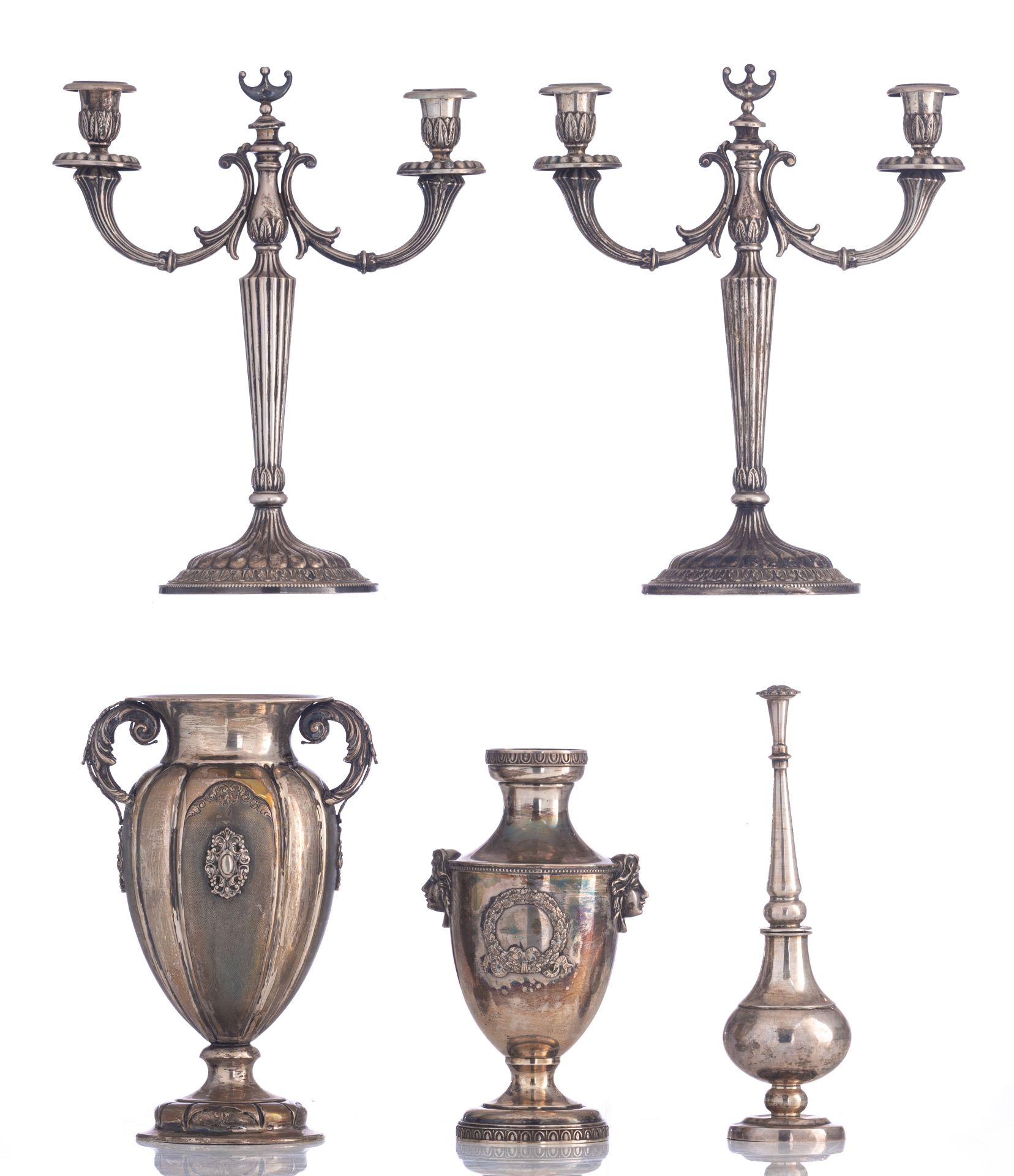 A pair of silver Neoclassical candlesticks, Belgian, maker's mark P.A., 800/000. Added: a silver Neo - Image 23 of 40