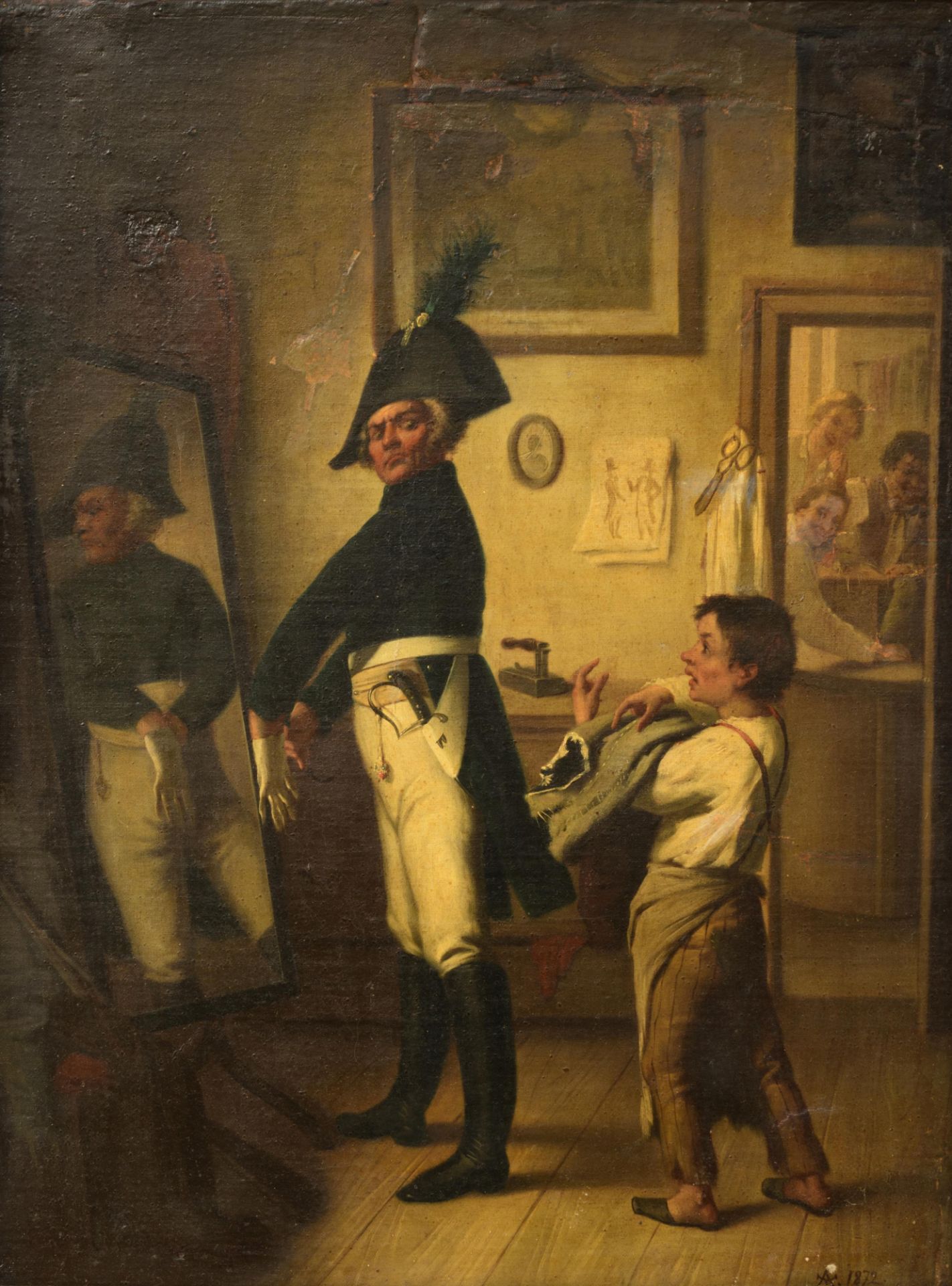 Monogrammed H.T. (Theodor H”semann), 'Beim Uniformschneider' (at the uniform tailors), oil on canvas