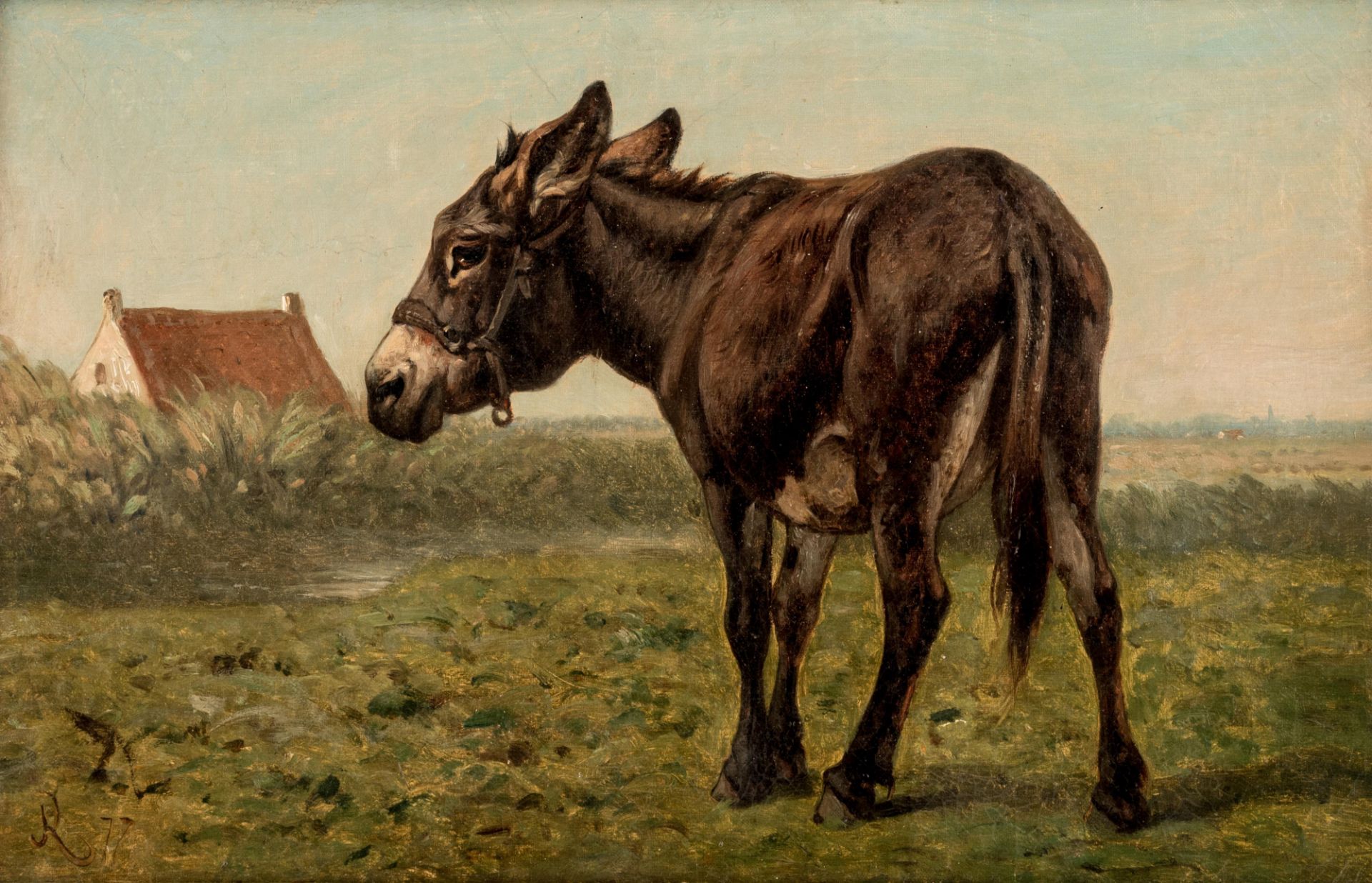 Monogrammed Louis Robbe, a donkey in the meadow, dated (18)77, oil on canvas with a wax seal mark of