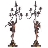 Rancoulet E., a pair of patinated bronze candelabras, titled 'La Nuit tout Repose' and 'Retour du Pr