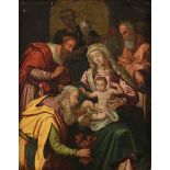 No visible signature, 'The Adoration of the Magi', oil on copper, the copper plate with an Antwerp c