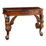 A mahogany wall console table, with two polychrome painted and carved caryatid figures on claw-and-b