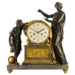 An exceptional French Louis XVI bleu turquin marble mantle clock, with a gilt and patinated bronze a