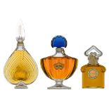 Three large perfume factice display bottles: Chamade, Shalimar and Misouko by Guerlain, H 30 - 38 -