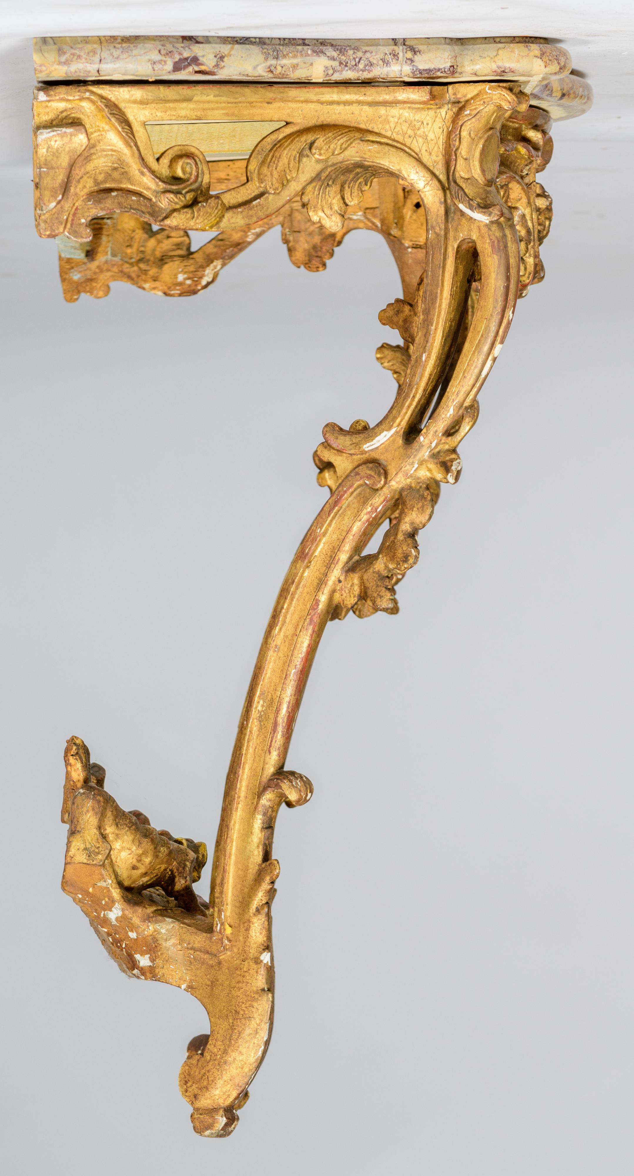 A gilt wooden Rococo console table, the bottom decorated with a carved scene of a dog chasing a duck - Image 5 of 9