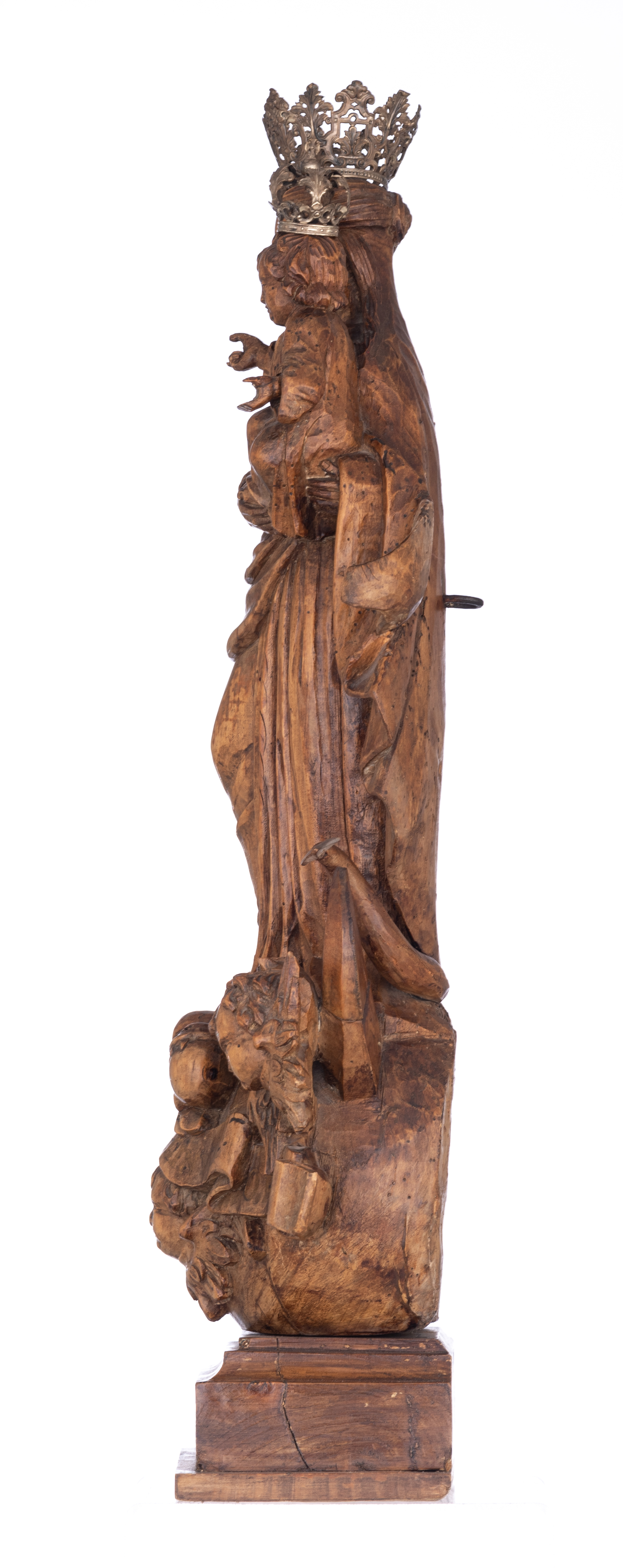 A walnut sculpture of the Madonna holding the Holy Child and standing on the crescent moon destroyin - Image 2 of 19