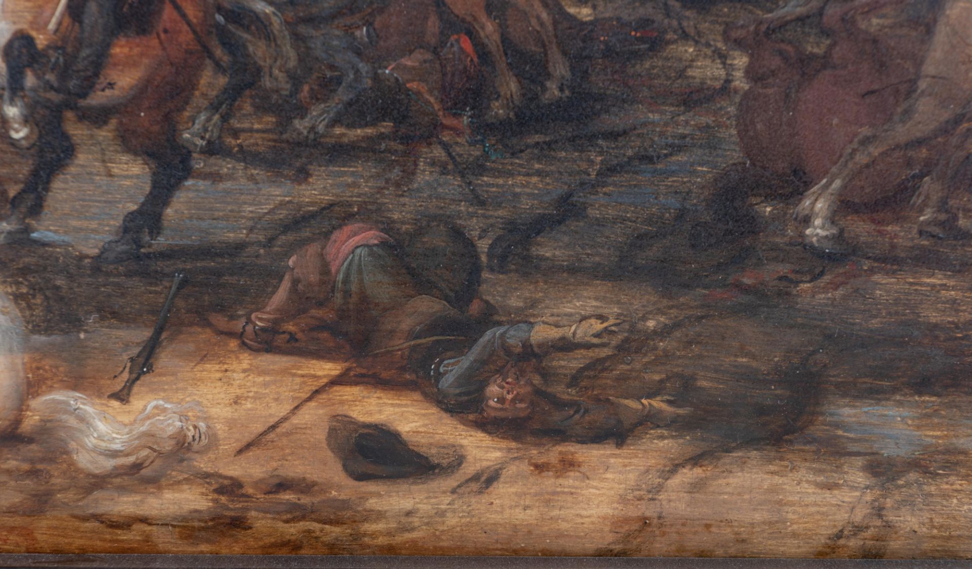 Attributed to/the circle of Vrancx S., a battle scene, oil on panel, 17thC, 25,5 x 36 cm - Image 7 of 13