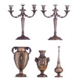 A pair of silver Neoclassical candlesticks, Belgian, maker's mark P.A., 800/000. Added: a silver Neo