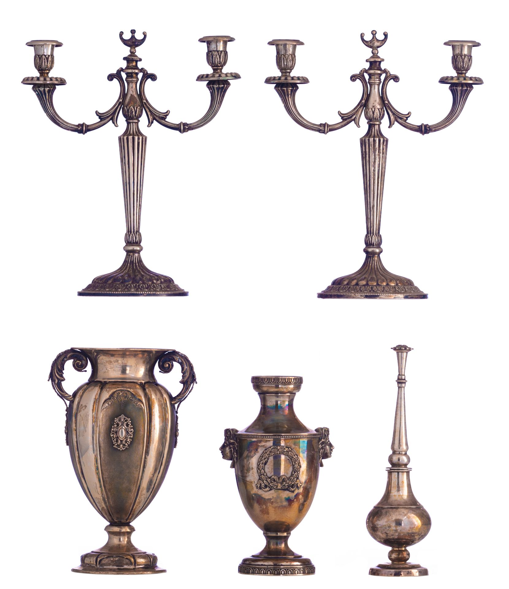 A pair of silver Neoclassical candlesticks, Belgian, maker's mark P.A., 800/000. Added: a silver Neo