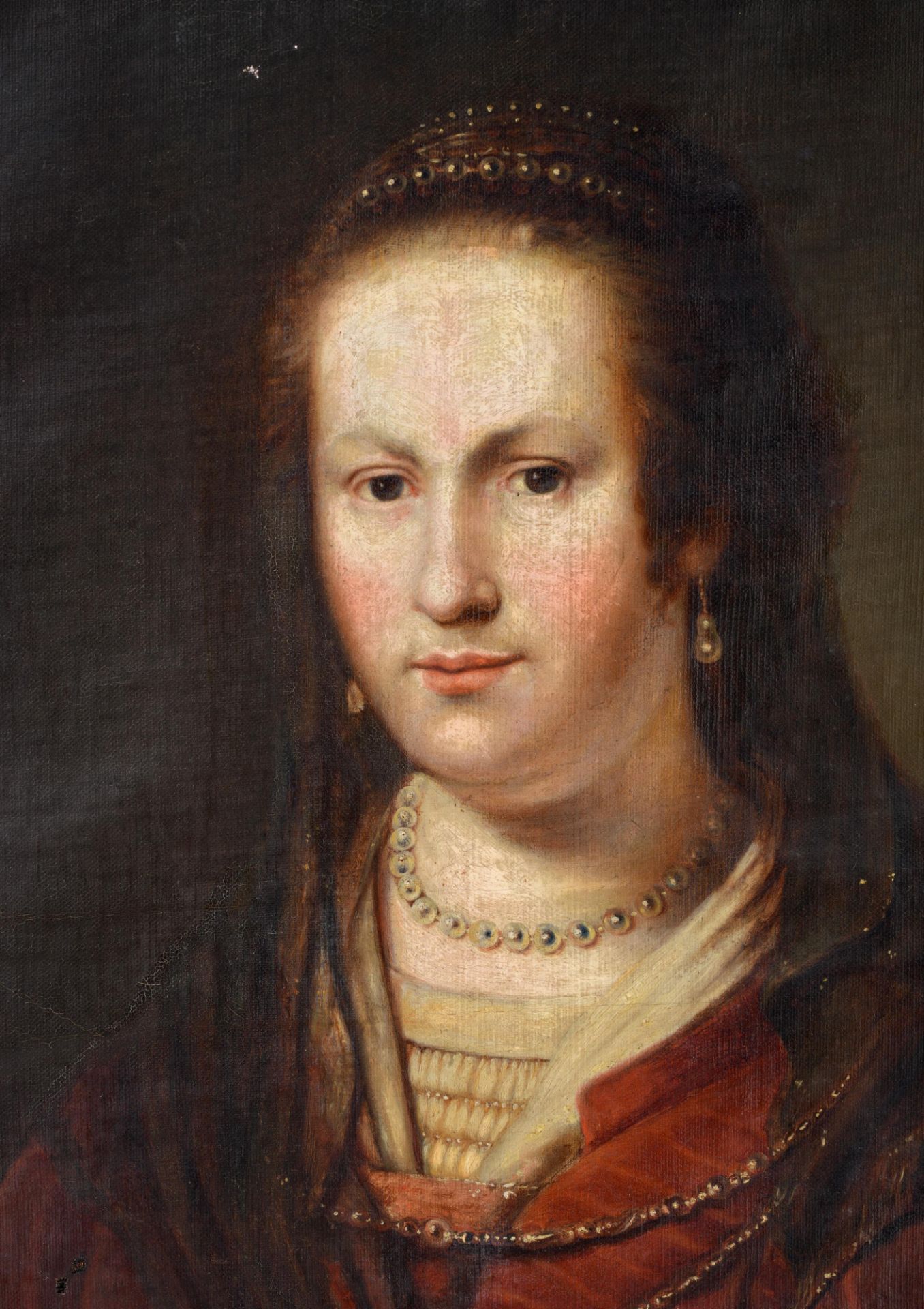 No visible signature, the portrait of a noble lady with a pearl necklace, 17th/18thC, oil on canvas, - Image 10 of 11