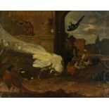 No visible signature (in the manner ofÿMelchior d'Hondecoeter), poultry with a whiteÿpeacock, oil on