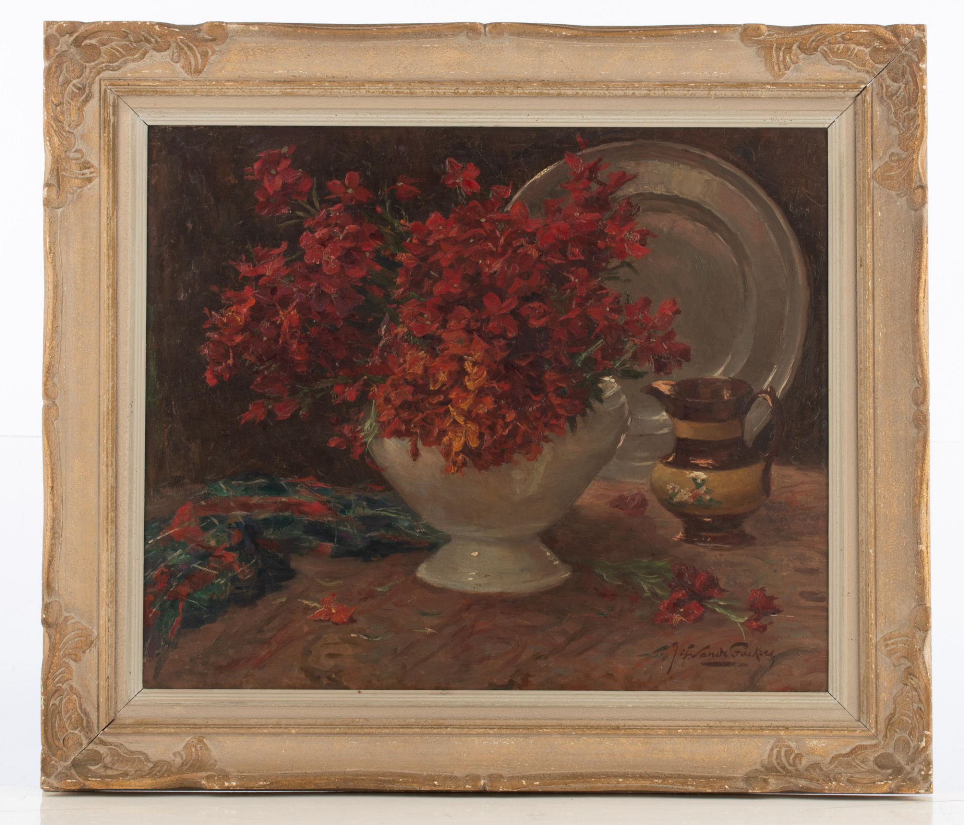 Van de Fackere J., a still life with a so-called 'besloten hofje', silverware and flower decorated d - Image 5 of 11