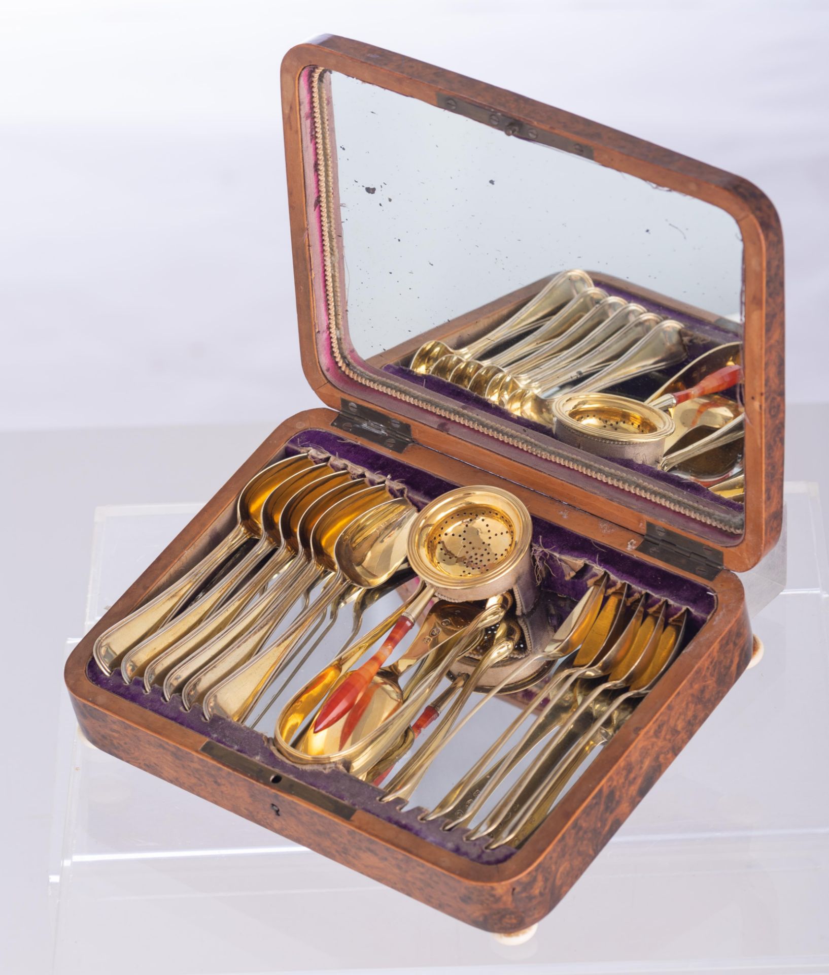 A silver vermeil tea set with 11 spoons, a tea strainer with a coloured glass stem, a spoon and a to - Image 2 of 19