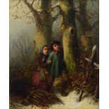 Mar”hn F., poor children gathering wood in winter, oil on panel, 25 x 31 cm