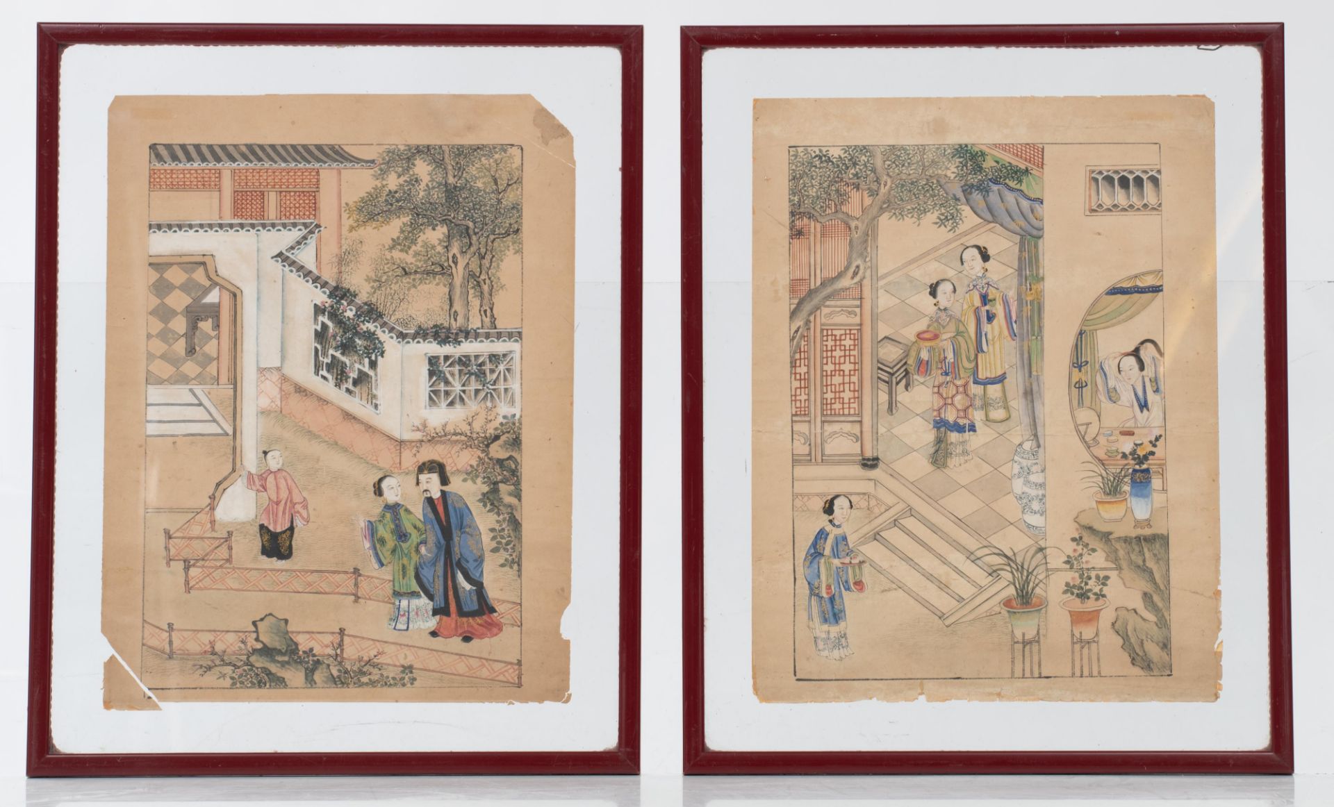 Two Chinese gouaches on paper, depicting court ladies on a terrace - added a four-part scroll, formi - Bild 2 aus 15