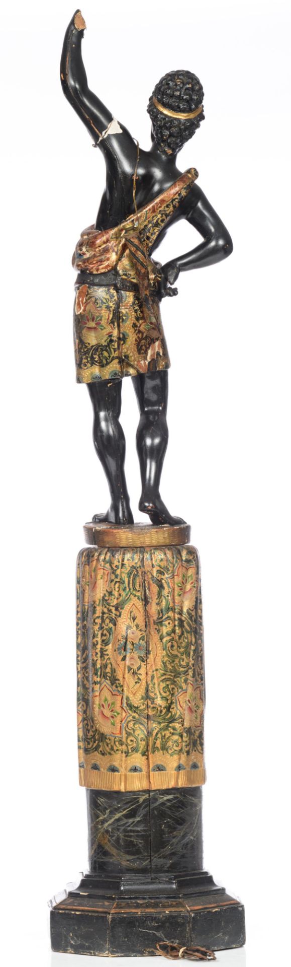 A Venetian type polychrome painted and gilt wooden blackamoor torchŠre figure, dressed in an elabora - Bild 3 aus 12