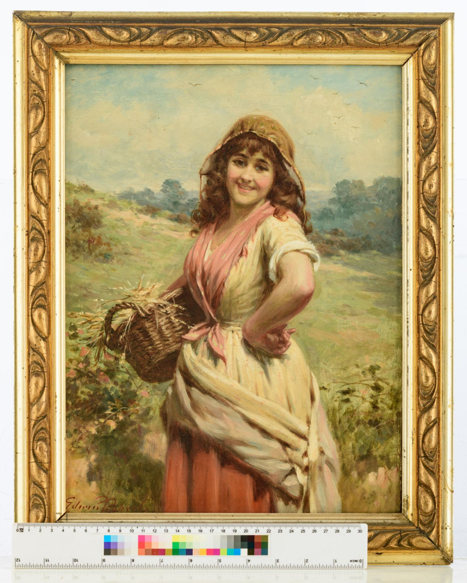 Roberts E., the proud peasant girl, oil on canvas, 31 x 41 cm. Added: no visible signature, farmers - Image 10 of 11