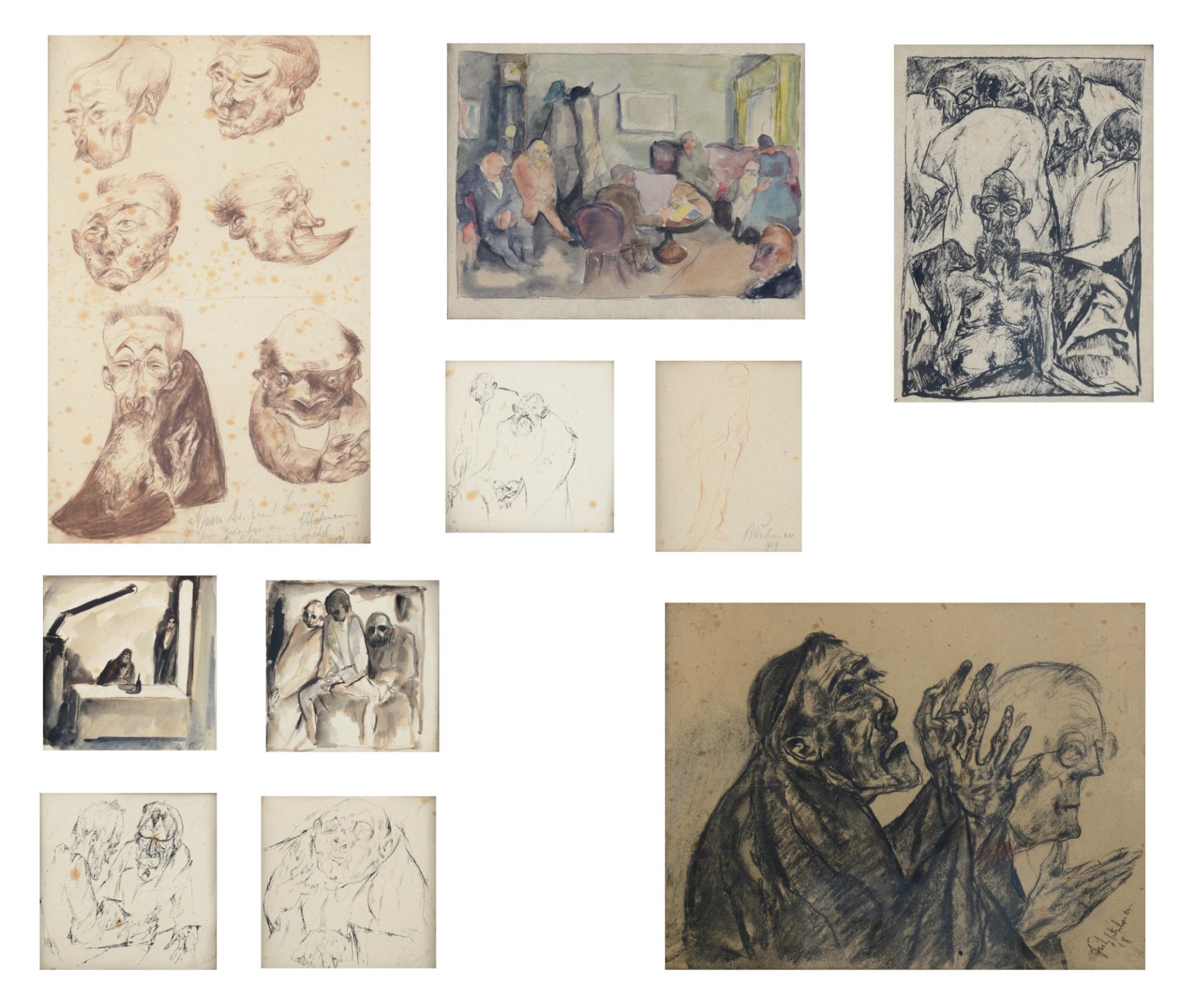 Indistinctly signed (Fritz Herlinnen?), a collection of German expressionist drawings, pencil, charc