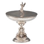 A Neoclassical silver covered tazza, the foot supported by dolphins, with vermeil to the inside, ded